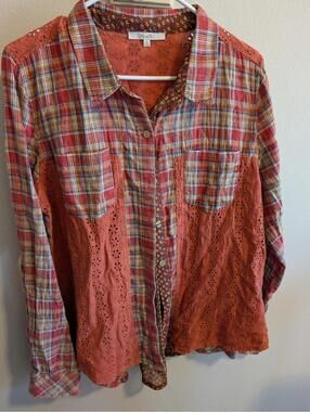 Miss Me Women's Sz Large Orange Long Sleeve Patchwork Plaid And Eyelit Lace Top